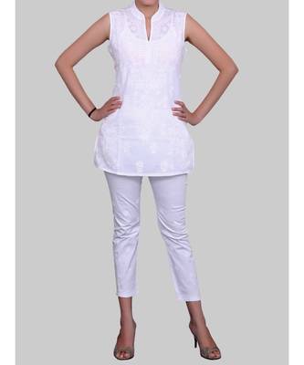 White Cotton Short Sleeveless Chikankari Top 1