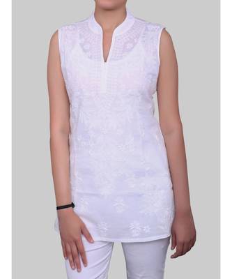 White Cotton Short Sleeveless Chikankari Top 3