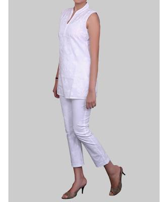 White Cotton Short Sleeveless Chikankari Top 4