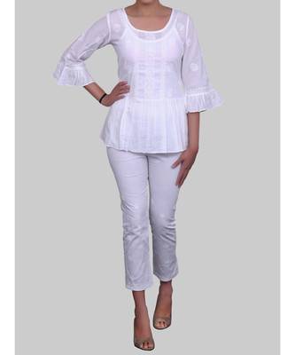 White Cotton Bell Sleeves Short Chikankari Top 1