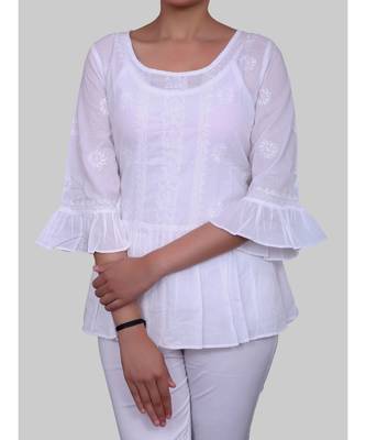 White Cotton Bell Sleeves Short Chikankari Top 2