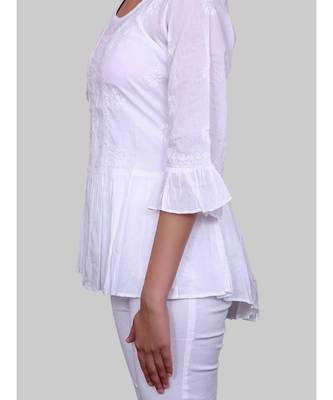 White Cotton Bell Sleeves Short Chikankari Top 3
