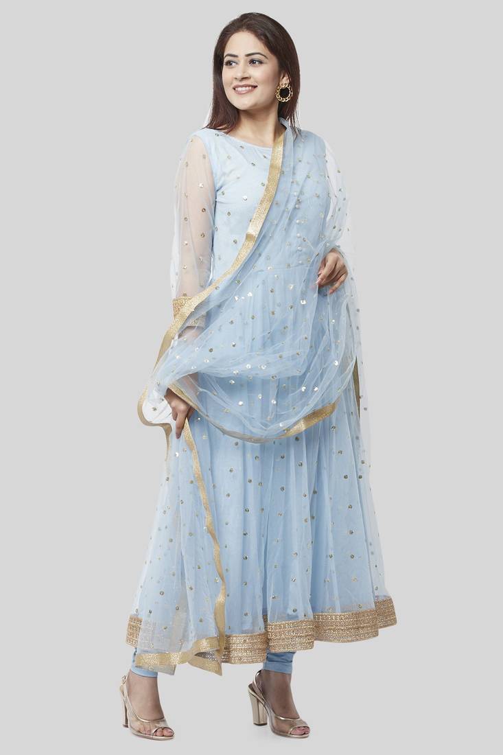 Blush Blue Net Sequenced Anarkali with Leggings and Sequenced Dupatta