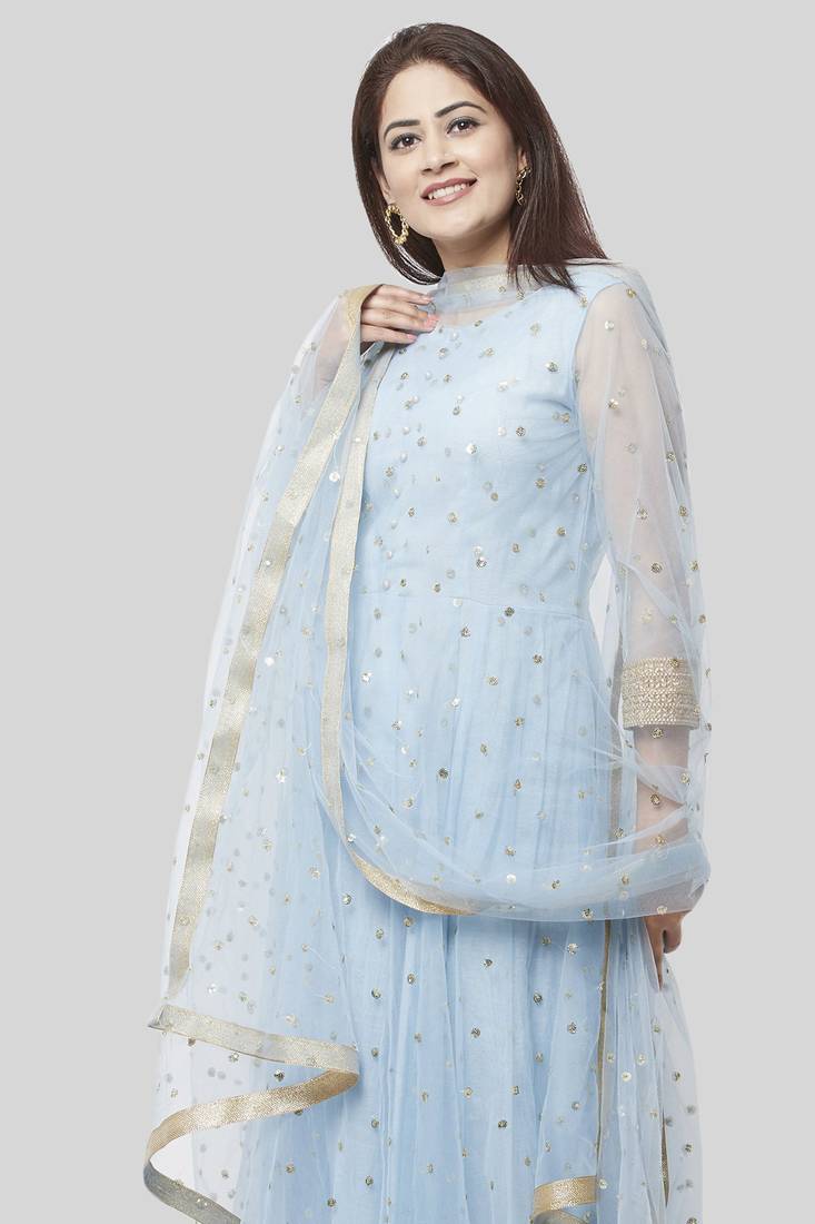Blush Blue Net Sequenced Anarkali with Leggings and Sequenced Dupatta