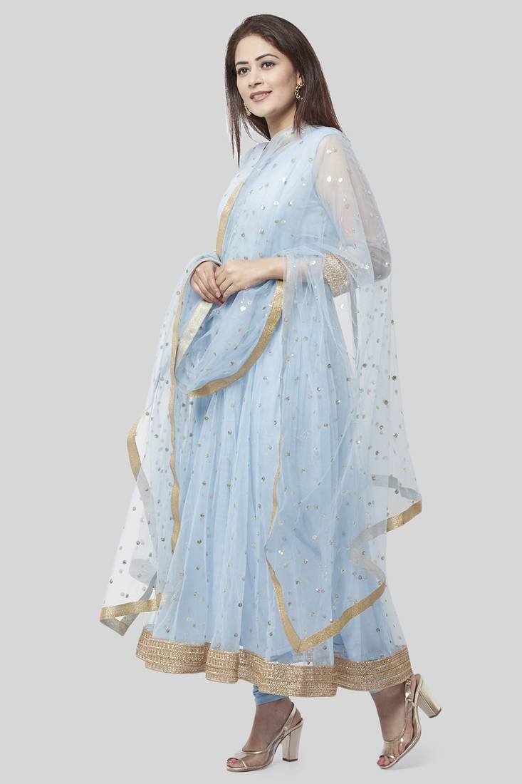Blush Blue Net Sequenced Anarkali with Leggings and Sequenced Dupatta