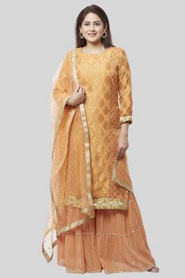 Peachy Orange Banarsi Georgette Kurti with Gathered Sharara and Dupatta 1