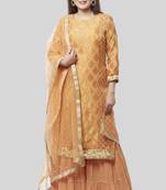 Peachy Orange Banarsi Georgette Kurti with Gathered Sharara and Dupatta