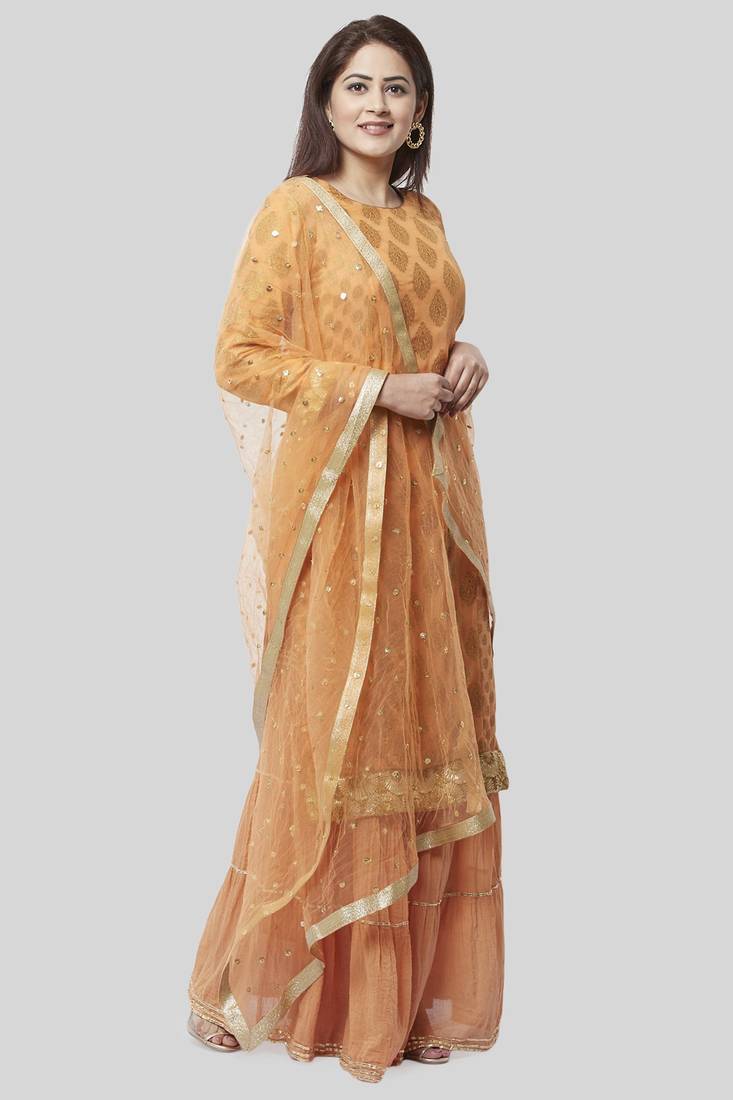Peachy Orange Banarsi Georgette Kurti with Gathered Sharara and Dupatta