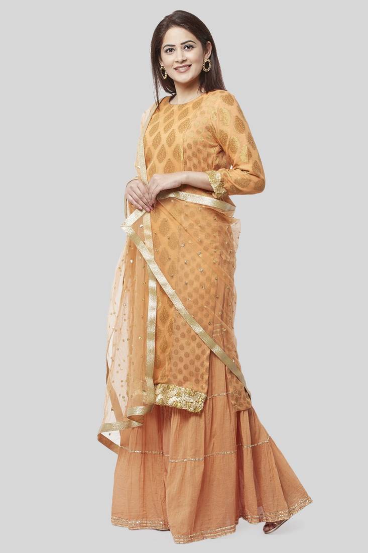 Peachy Orange Banarsi Georgette Kurti with Gathered Sharara and Dupatta