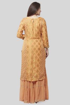 Peachy Orange Banarsi Georgette Kurti with Gathered Sharara and Dupatta 4