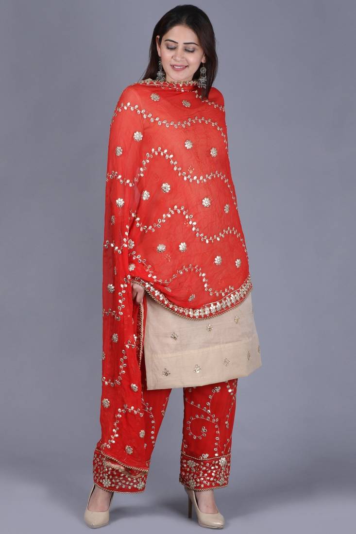 Gold Gotta Straight Kurti with Red Gotta Embroidered Palazzo and Dupatta