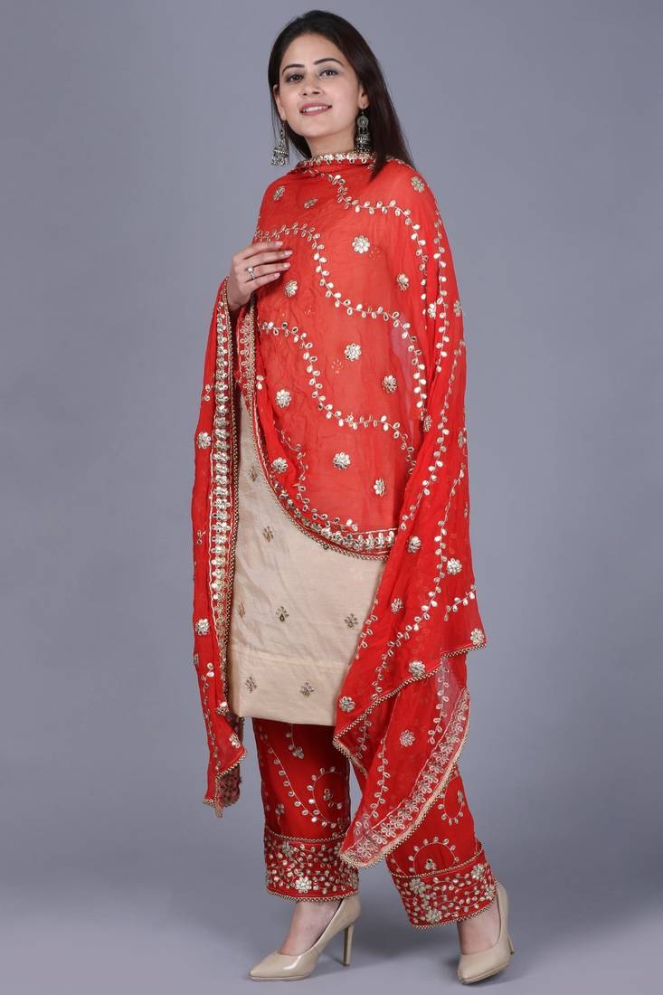Gold Gotta Straight Kurti with Red Gotta Embroidered Palazzo and Dupatta