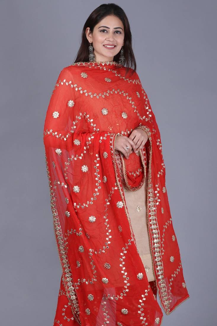 Gold Gotta Straight Kurti with Red Gotta Embroidered Palazzo and Dupatta