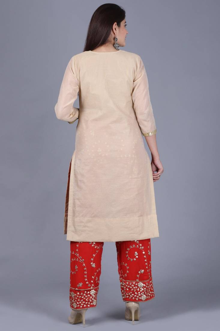 Gold Gotta Straight Kurti with Red Gotta Embroidered Palazzo and Dupatta