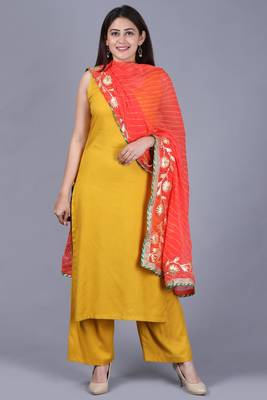 Mustard Fire Straight Rayon Kurti with Straight Palazzo and Dupatta 1