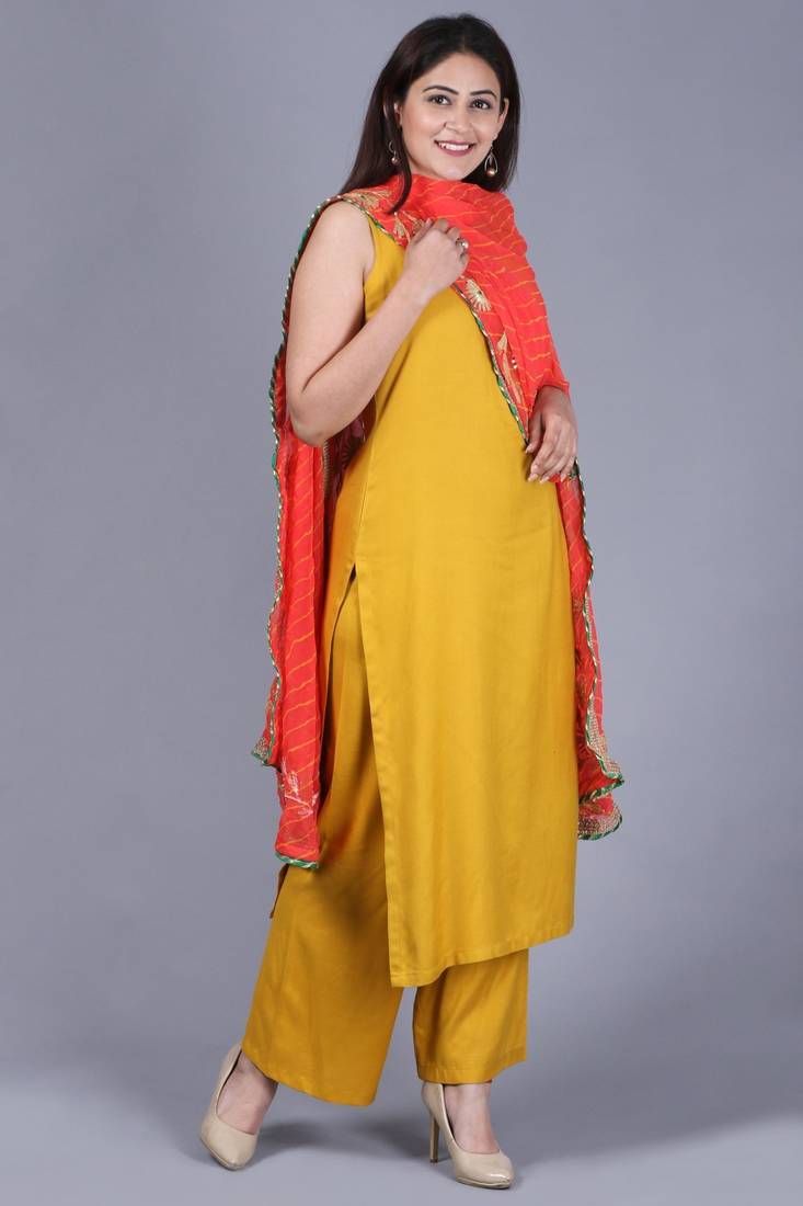 Mustard Fire Straight Rayon Kurti with Straight Palazzo and Dupatta