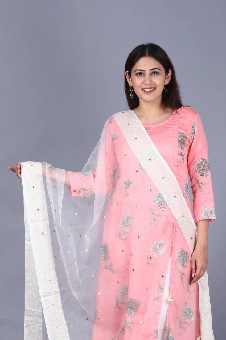 Flamingo Pink Asymmetrical Side Slit Kurti with Churidaar and Dupatta