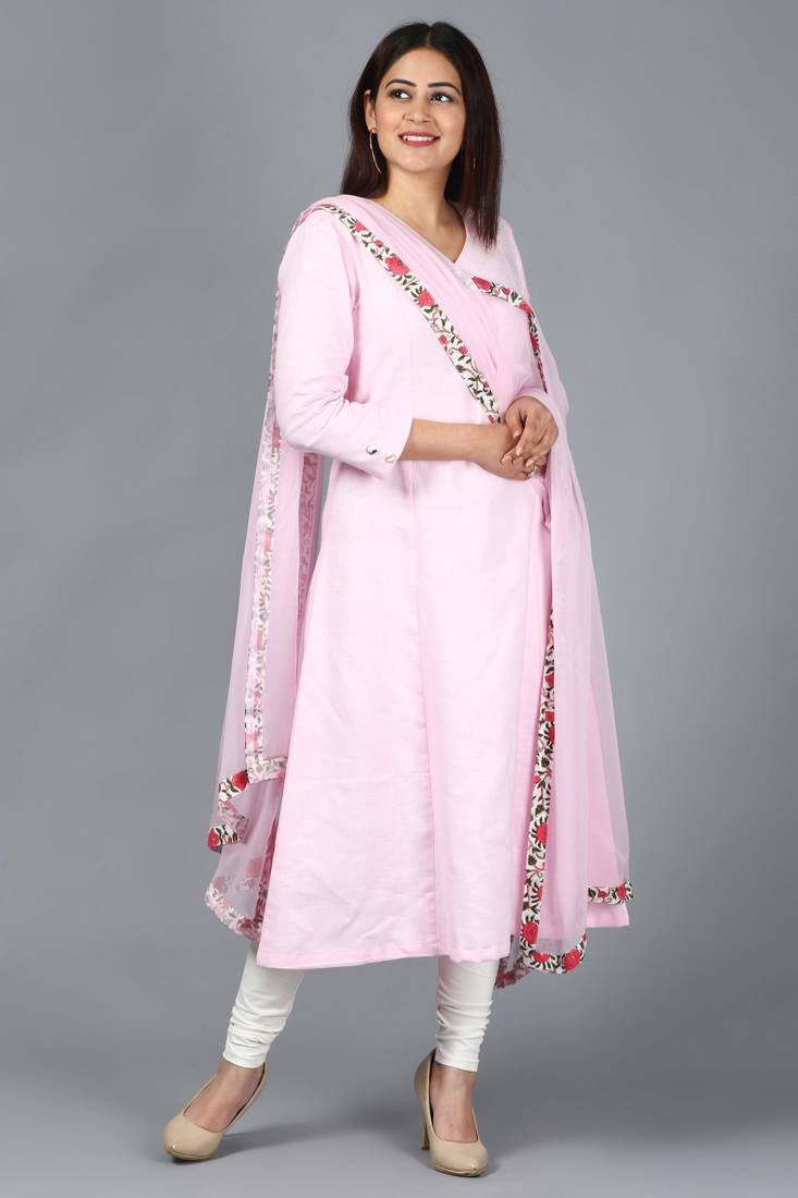 Blush Pink Kali Kurti with Off-White Churidaar and Blush Pink Chiffon Dupatta