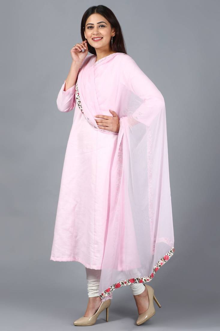 Blush Pink Kali Kurti with Off-White Churidaar and Blush Pink Chiffon Dupatta
