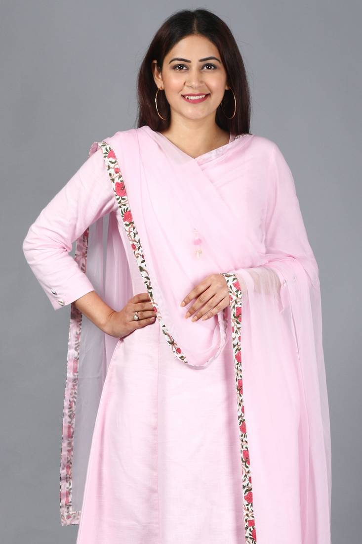 Blush Pink Kali Kurti with Off-White Churidaar and Blush Pink Chiffon Dupatta
