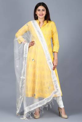 Yellow Foil Print Mughal Kurti with Off-White Churidaar and Mirror Organza Dupatta 1