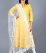 Yellow Foil Print Mughal Kurti with Off-White Churidaar and Mirror Organza Dupatta