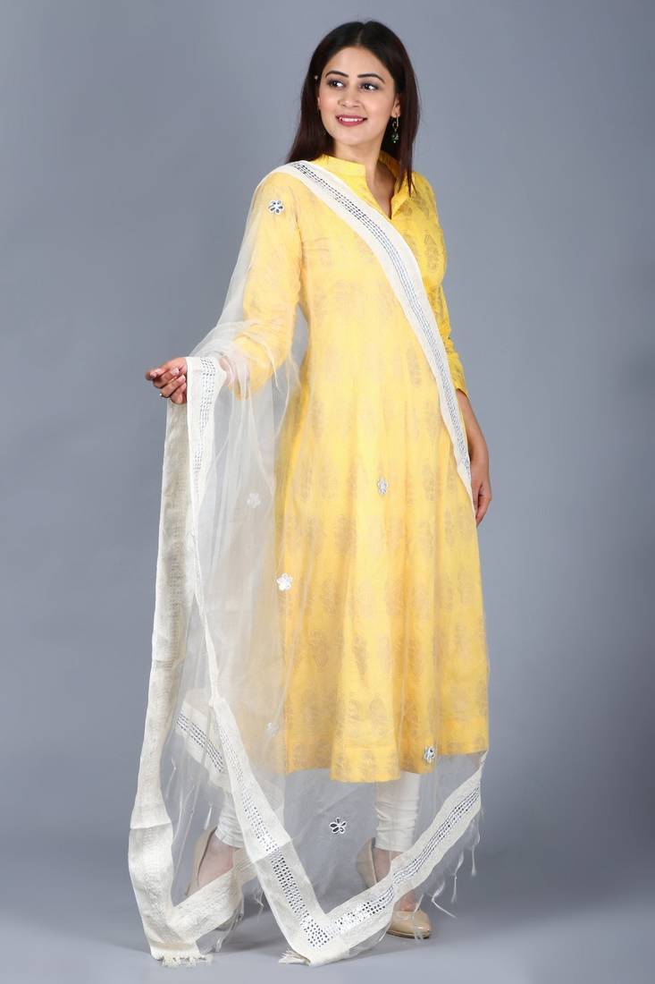 Yellow Foil Print Mughal Kurti with Off-White Churidaar and Mirror Organza Dupatta