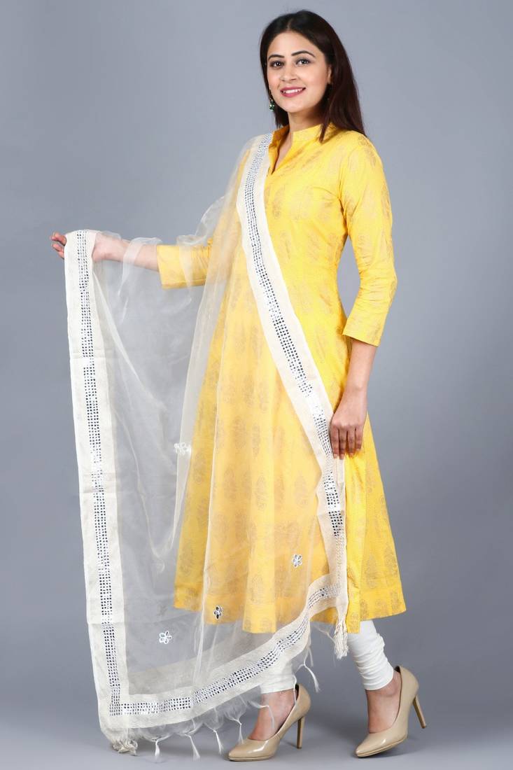 Yellow Foil Print Mughal Kurti with Off-White Churidaar and Mirror Organza Dupatta