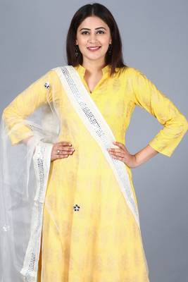 Yellow Foil Print Mughal Kurti with Off-White Churidaar and Mirror Organza Dupatta 4
