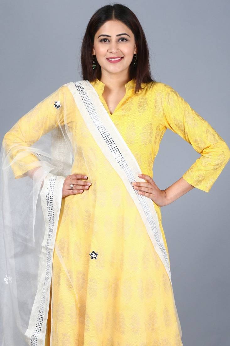 Yellow Foil Print Mughal Kurti with Off-White Churidaar and Mirror Organza Dupatta