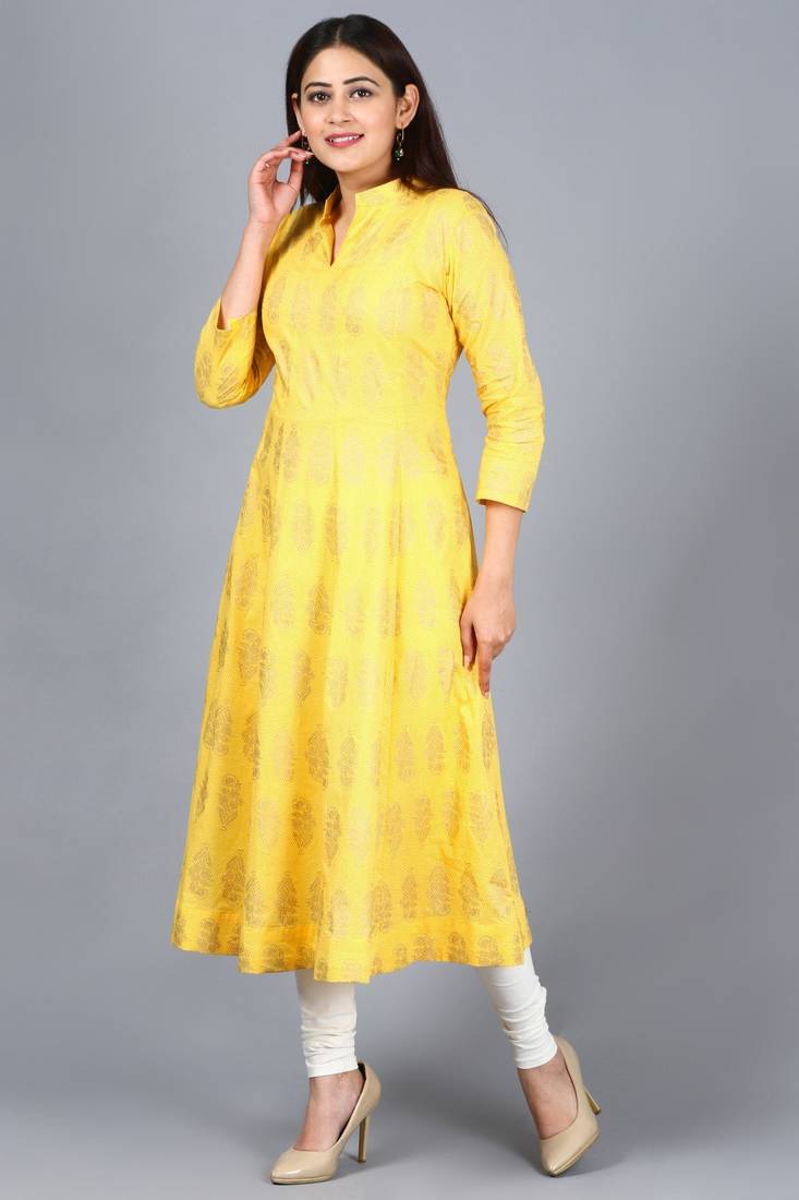 Yellow Foil Print Mughal Kurti with Off-White Churidaar