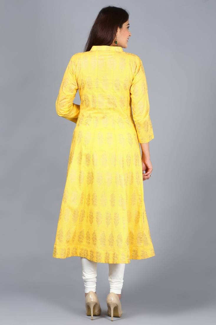 Yellow Foil Print Mughal Kurti with Off-White Churidaar