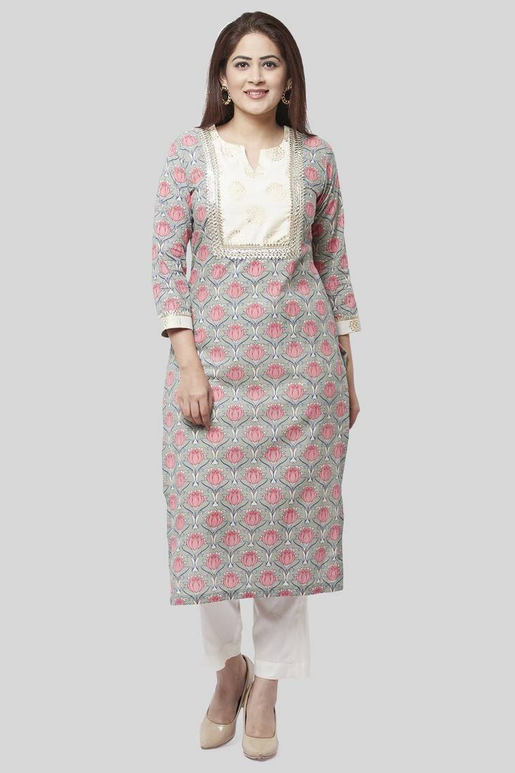 Gray Pink Floral Gotta Straight Kurti with Straight Pants