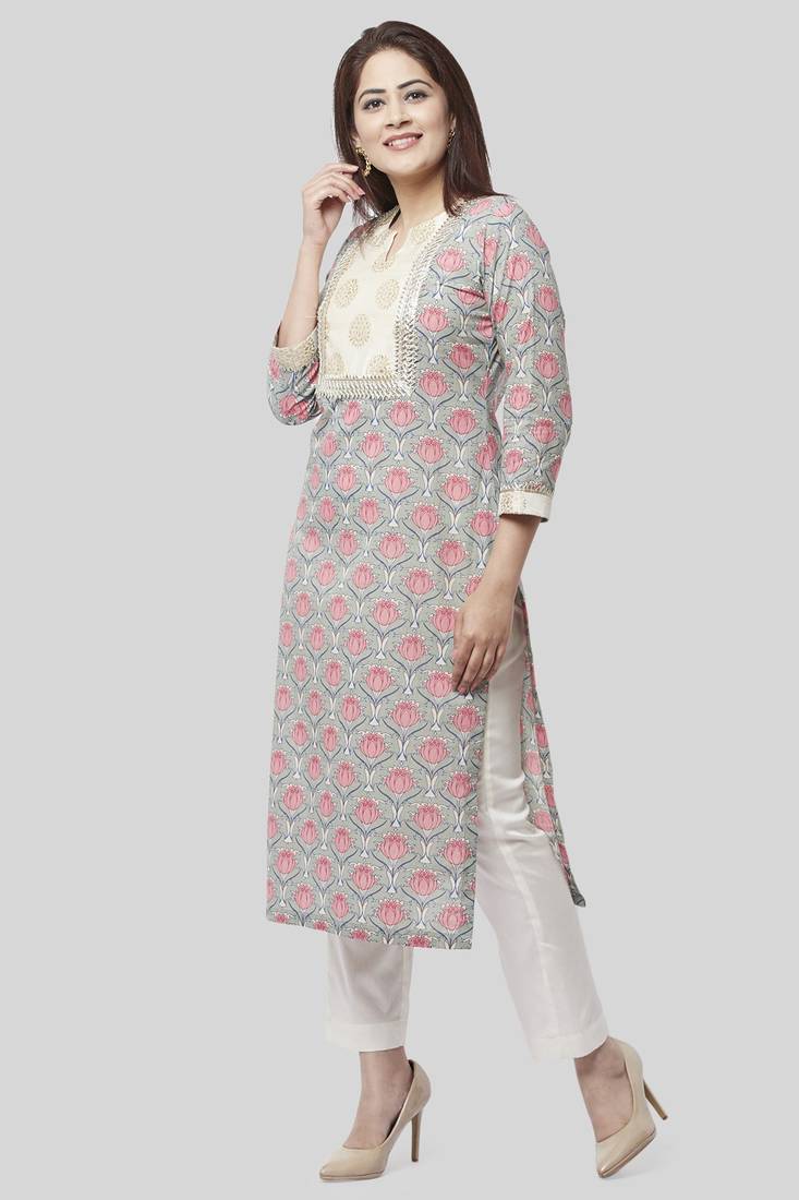 Gray Pink Floral Gotta Straight Kurti with Straight Pants