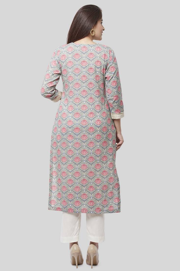 Gray Pink Floral Gotta Straight Kurti with Straight Pants