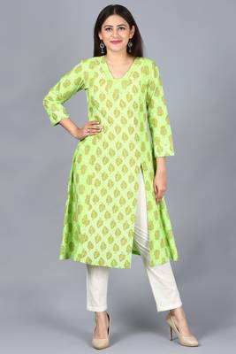 Equally Green Printed A-Line Side Slit Kurti with Off-White Straight Pants 1