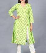 Equally Green Printed A-Line Side Slit Kurti with Off-White Straight Pants