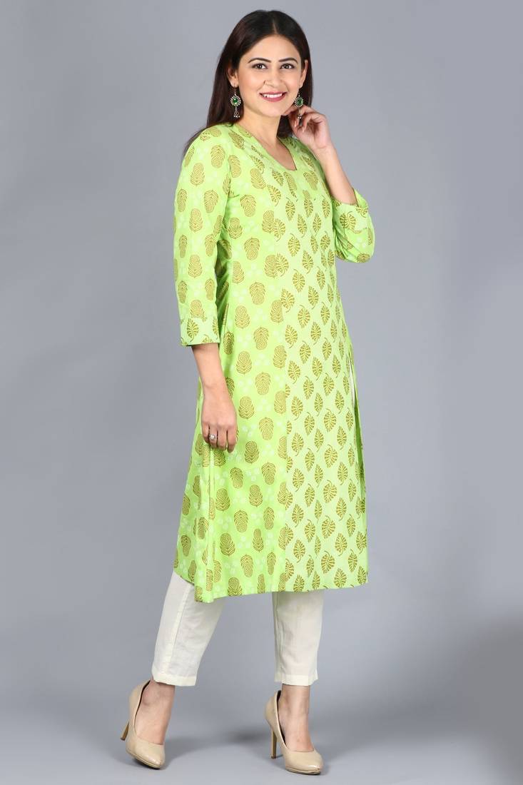 Equally Green Printed A-Line Side Slit Kurti with Off-White Straight Pants