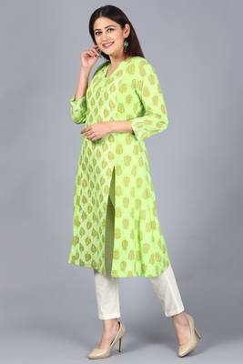 Equally Green Printed A-Line Side Slit Kurti with Off-White Straight Pants 3