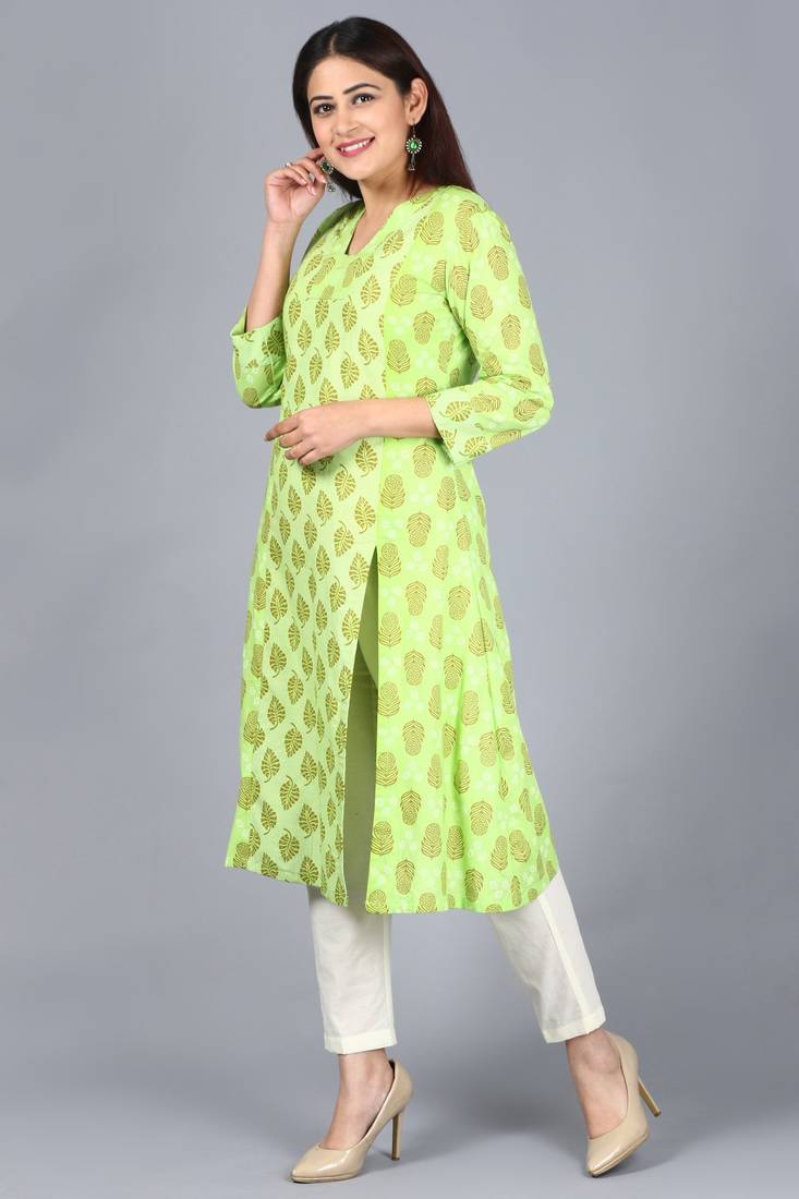 Equally Green Printed A-Line Side Slit Kurti with Off-White Straight Pants