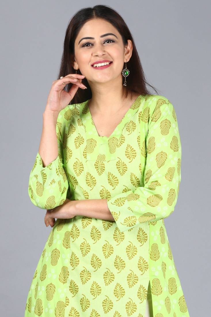 Equally Green Printed A-Line Side Slit Kurti with Off-White Straight Pants