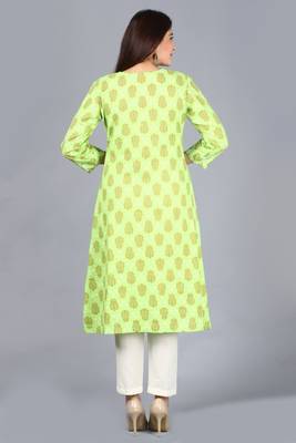 Equally Green Printed A-Line Side Slit Kurti with Off-White Straight Pants 5