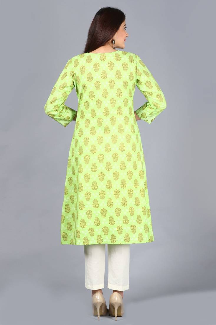Equally Green Printed A-Line Side Slit Kurti with Off-White Straight Pants
