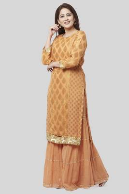 Peachy Orange Banasri Georgette Kurti with Gathered Sharara 1