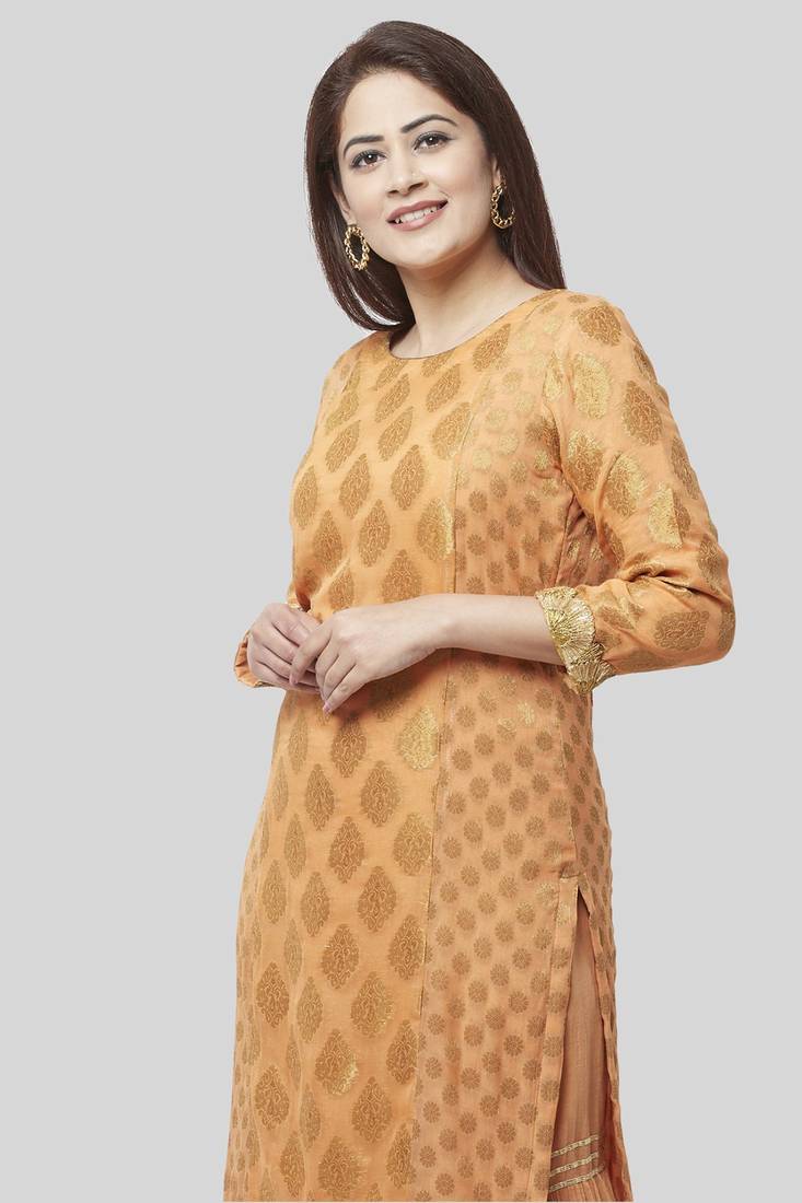 Peachy Orange Banasri Georgette Kurti with Gathered Sharara