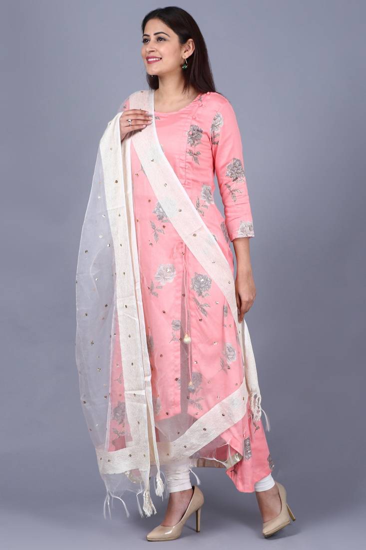 Flamingo Pink Asymmetrical Side Slit Kurti with Churidaar