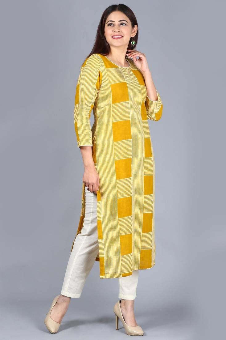 Directional Mustard Yellow Straight Kurti with Off-White Straight Pants