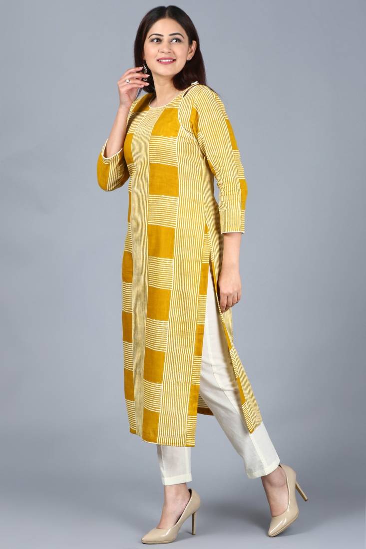 Directional Mustard Yellow Straight Kurti with Off-White Straight Pants