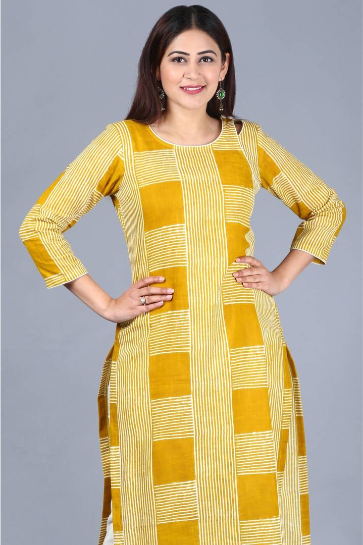 Directional Mustard Yellow Straight Kurti with Off-White Straight Pants