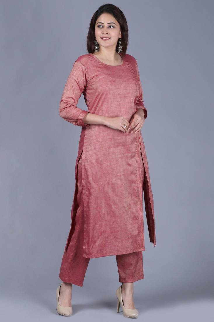 Pinkish Silk Side Slit Kurti with Straight Pants